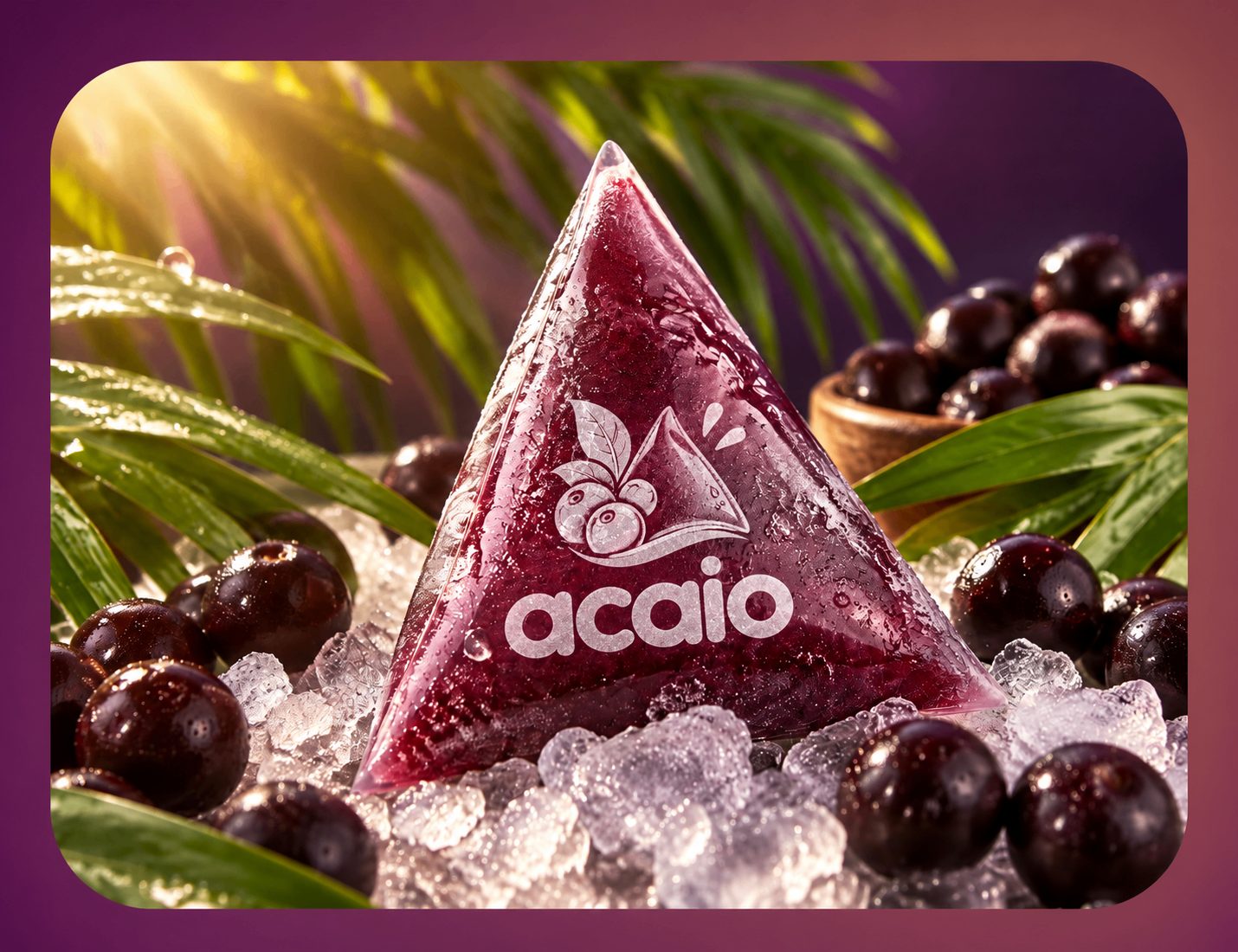 Berlingot glacé à l’açaí ACAIO posé sur la glace pilée, entouré de baies d’açaí et de feuilles tropicales